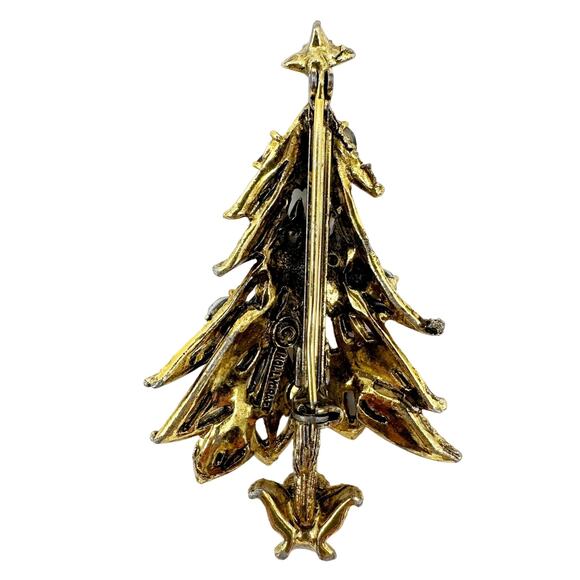 vintage Hollycraft gold & rhinestones Christmas Tree BROOCH holidays jewelry pin - Picture 6 of 8